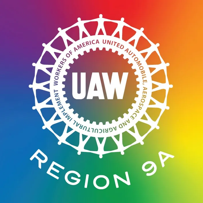 UAW Region 9A on rainbow background