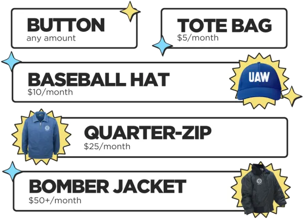 Any amount — button  $5/month — tote bag  $10/month — baseball cap  $25/month — quarter-zip sweatshirt  $50+/month — bomber jacket